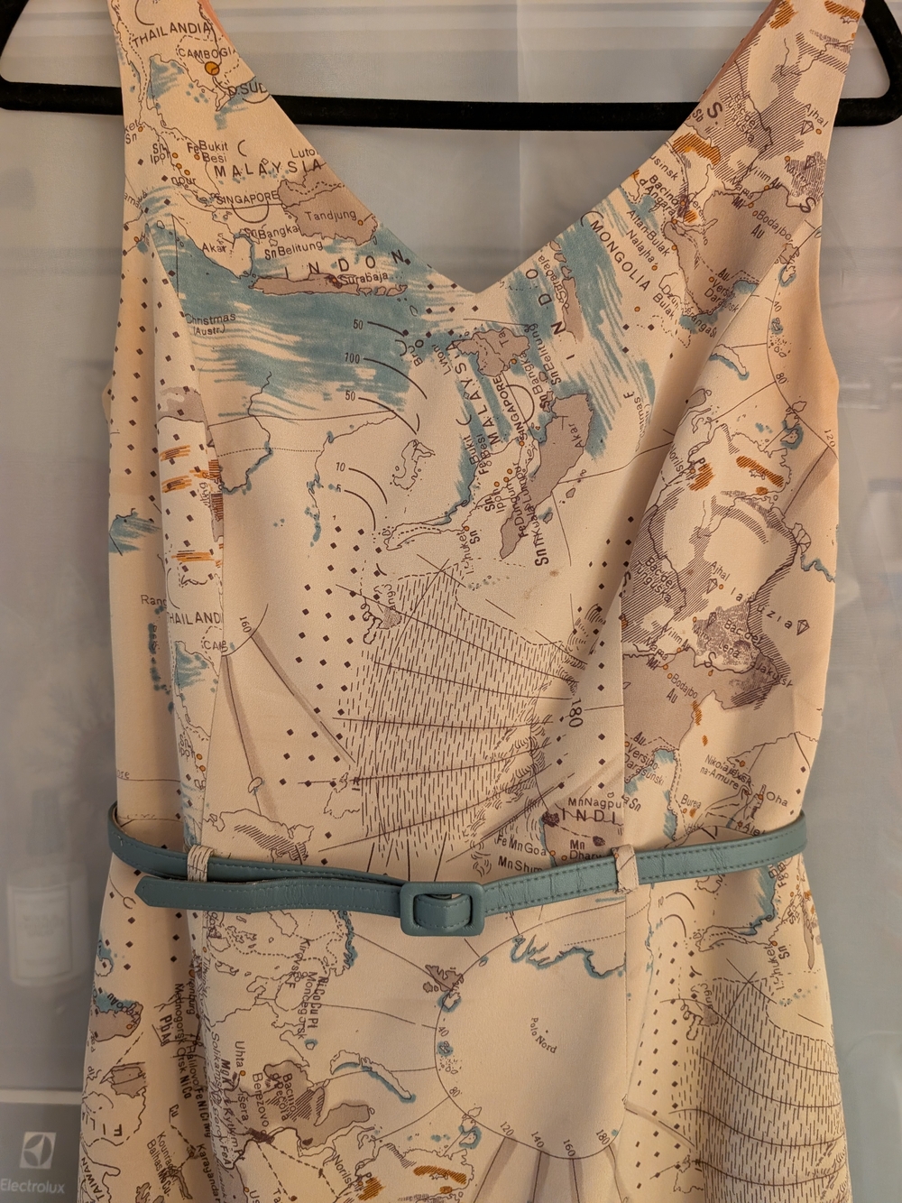 Silk V-Neck Map-Print Sleeveless Dress, David Meister